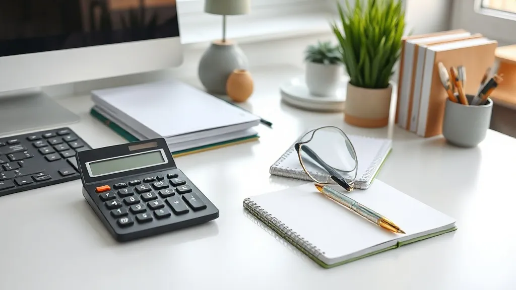 A professional office desk with a calculator, notebook, and