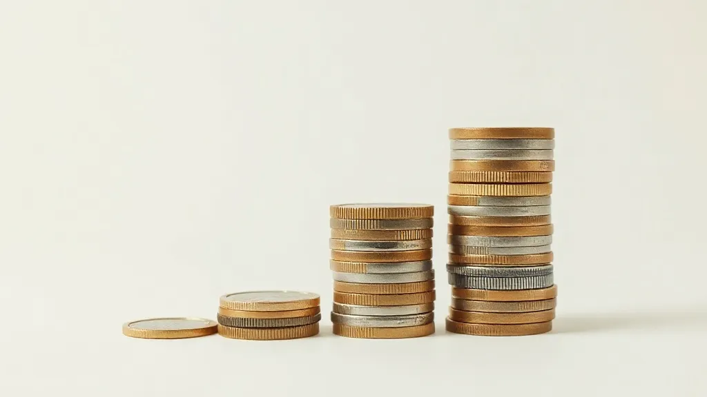 A stack of coins growing in size on a neutral background, mi