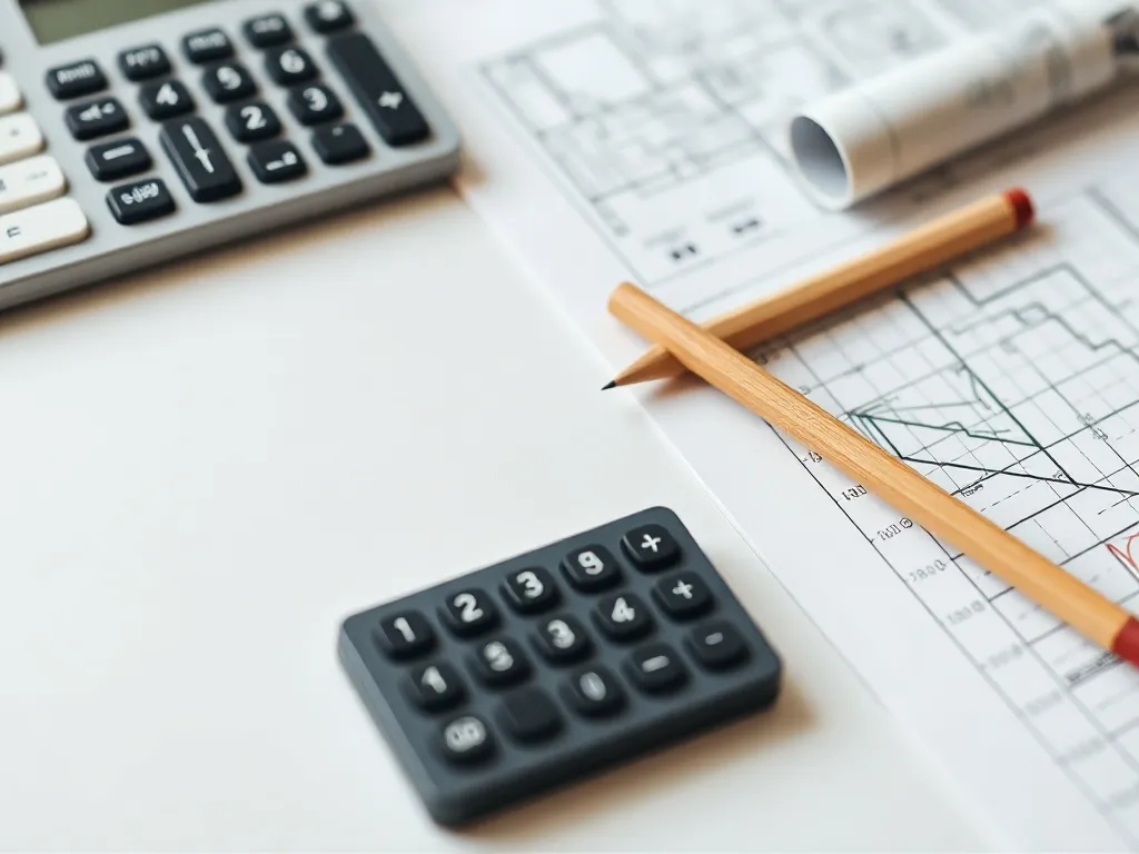 Close up of a clean office desk with a calculator, a simple