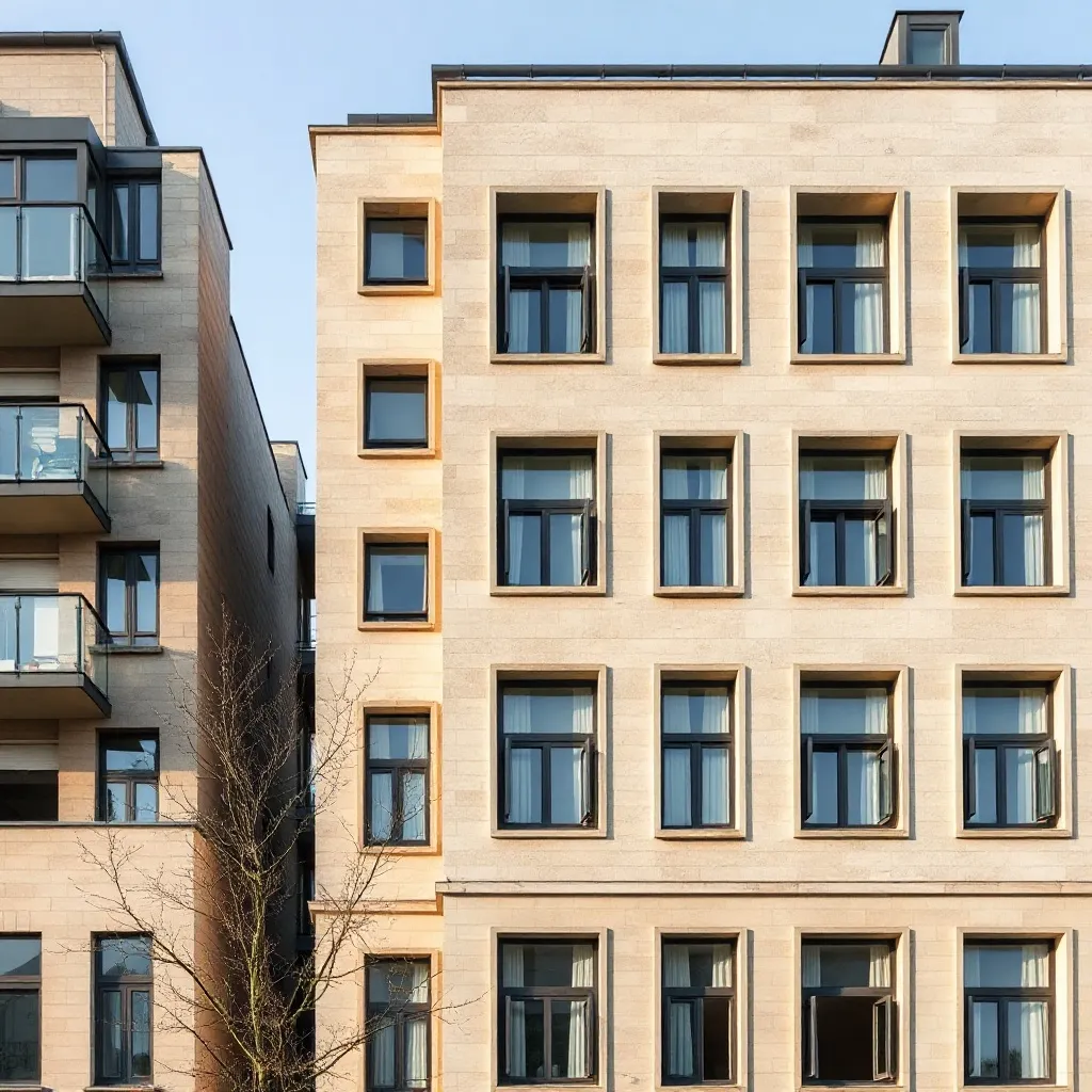 A high-quality architectural photo of a modern apartment bui