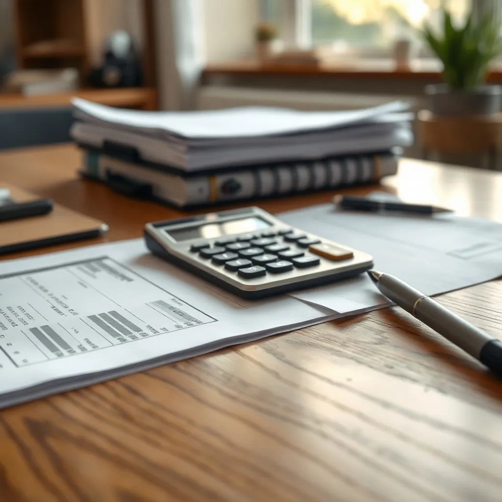 A close-up of financial documents, a calculator and a pen on